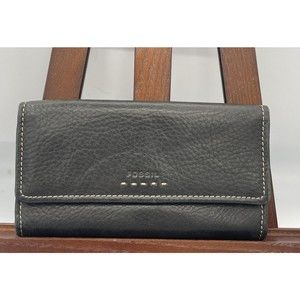 Fossil Popstitch Soft Black Leather Trifold Wallet & Checkbook Cover 7x3